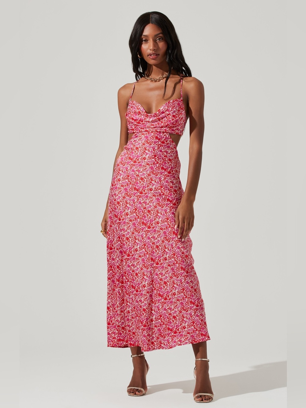 ASTR The Label Colette Floral Satin Cutout Midi Dress Red Fuchsia Size Small